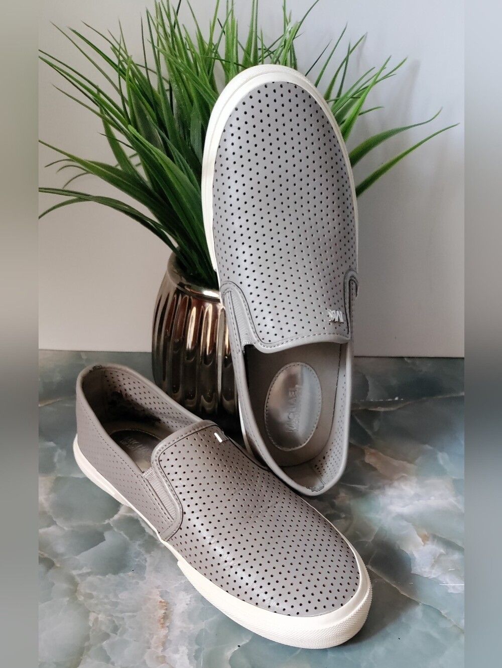 Michael Kors Keaton Perforated Leather Slip-On Sneakers Gray Size 6
